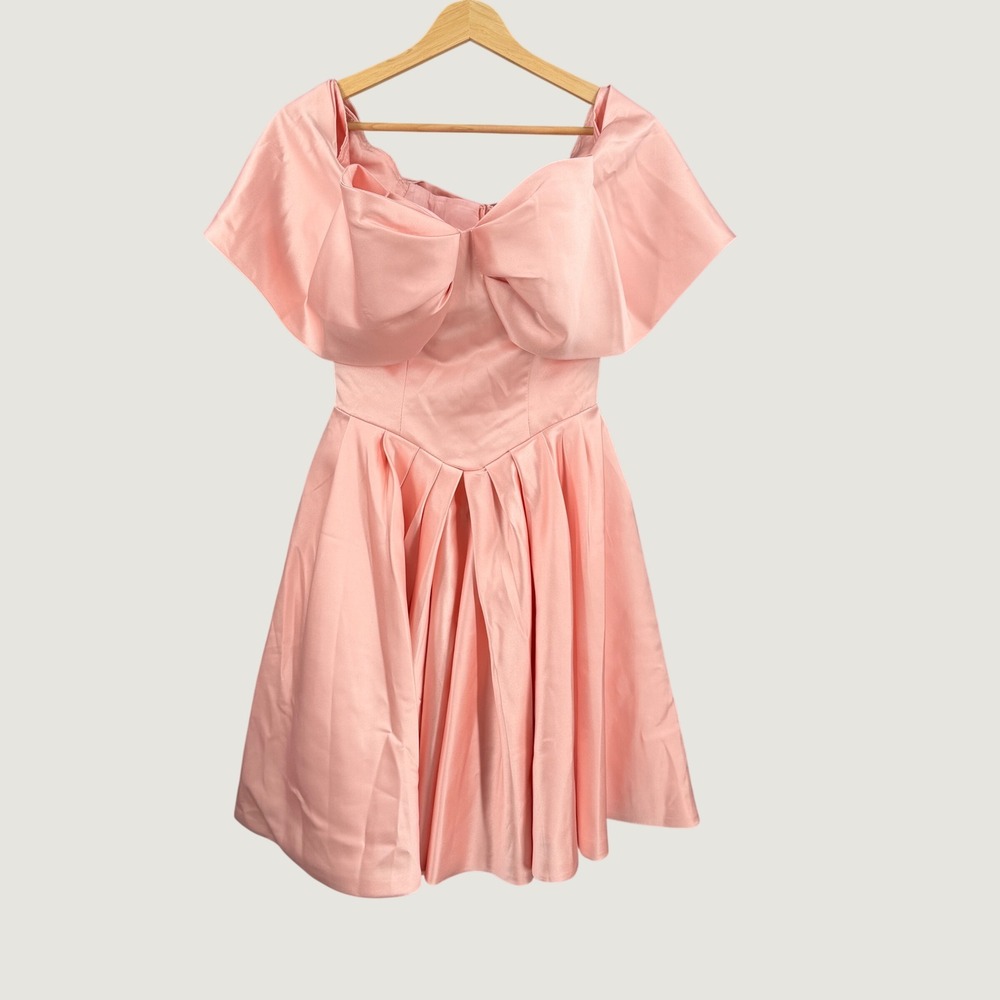 Pink Bow Front Off Shoulder Boned Mini Dress Estimated XS Formal Party Prom